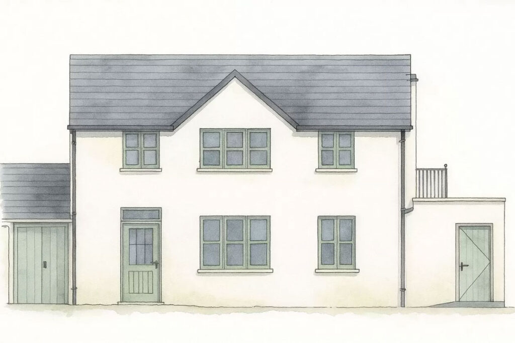 Watercolour drawing of Millie's Cottage, the new rooms being built next to The Plough