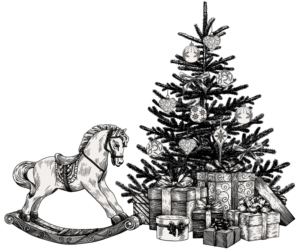 Ink drawing of a Christmas tree with presents and a rocking horse